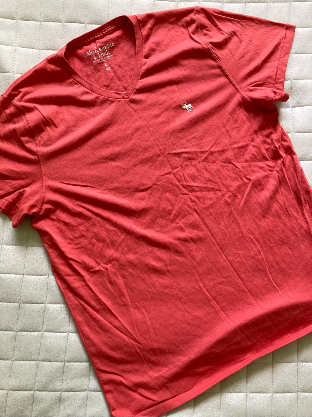 Abercrombie & Fitch Men’s Coral-Red V-Neck Tee with Embroidered Logo